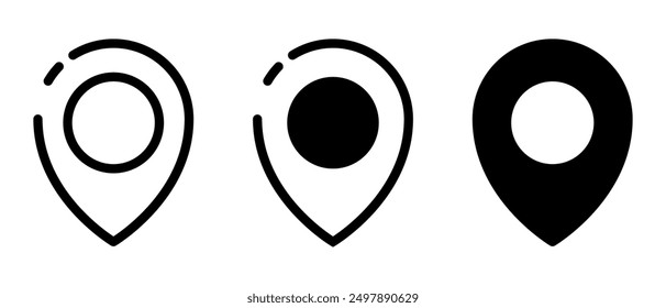 A set of three location pin icons featuring different styles, including outlined and solid black, for mapping and navigation purposes.