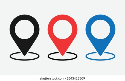 Set of three location pin icons in black red and blue