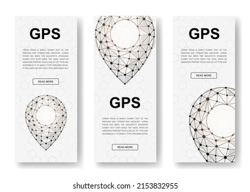 Set of three Location pins polygonal vertical banners. 3d Gps low poly symbols with connected dots. Vertical illustration for homepage design.