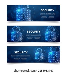 Set of three Lock horizontal banners. Horizontal illustration for homepage design, promo banner. Cyber security low poly symbols with connected dots