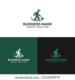 Un conjunto de tres Plantillas de logotipo con una persona que barre, con texto personalizable para el nombre y el lema del negocio, en colores verde, blanco y negro.