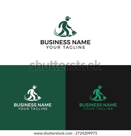 A set of three logo templates featuring a person sweeping, with customizable text for business name and tagline, in green, white, and black colors.