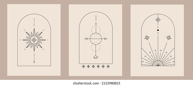 Set of three logos in boho style. Mystical illustrations. Celestial elements for design. Line style logos