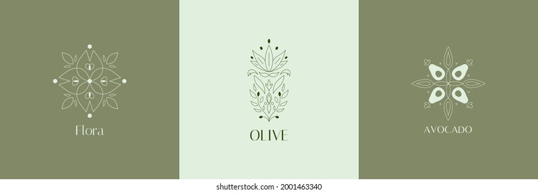 Conjunto de tres logotipos para empresas de la industria de la belleza, la salud, el cuidado personal, maquillador. Ornamento lineal estilizado, inscripción - oliva, flora, aguacate. Cosméticos naturales y orgánicos, sanos 