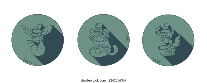 Set of three logos of the zodiac sign rabbit, tiger, dragon. Astrological Chinese animal calendar. Years 2022, 2023, 2024.