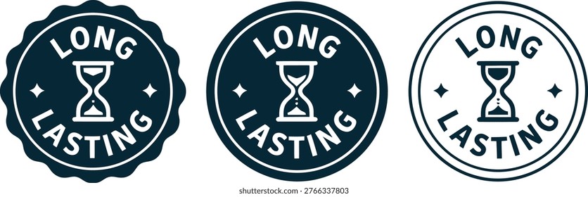 Set of three long lasting badge icons with hourglass symbol in modern minimal style on white background.