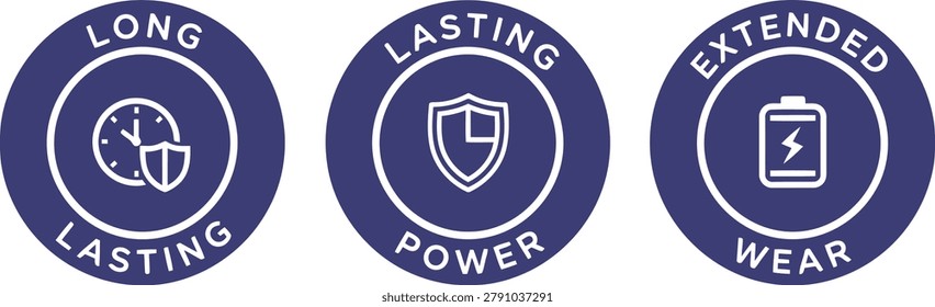 Set of three long lasting power wear badges with shield and battery icons for durable product marketing