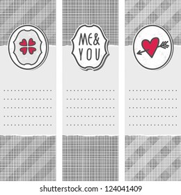 set of three long valentines day love romantic cards in gray white and red with heart clover me and you sign and pierced heart