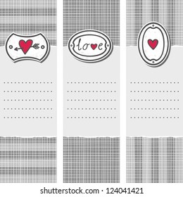 set of three long valentines day love romantic cards in gray white and red with pierced heart love sign and heart on label