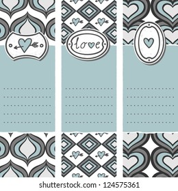 set of three long valentines day love romantic cards in gray white and blue pierced heart love sign and heart on label with diamond heart onion shaped background elements