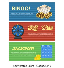 Set of three lottery horizontal banners with bulletin tickets bingo balls drawing machine and editable text