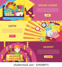 Set of three lottery horizontal banners with decorative casino poker compositions characters and read more buttons vector illustration