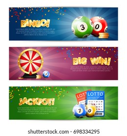 Set of three lottery horizontal banners with bulletin tickets bingo balls drawing machine and editable text vector illustration