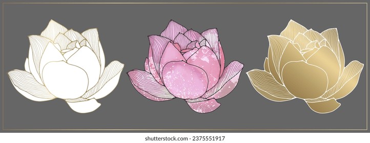 Tres flores de loto sobre un fondo gris. Flor de loto dorado, loto de acuarela rosa y loto blanco. Flor para crear diferentes diseños, decoración, motivos, papel pintado.