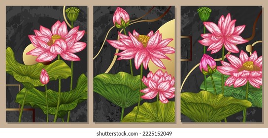 Set of three lotus flowers vector posters on a dark background with golden elements