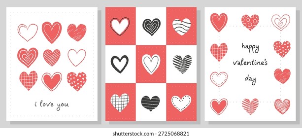 A set of three love posters with cute doodle hearts. Love card design. Happy Valentine's day.