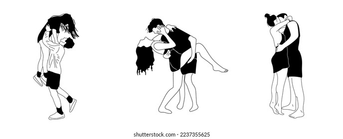 Set of three Love tenderness and romantic feelings concept. Young loving smiling couple boy and girl standing hugging each other feeling in love illustration