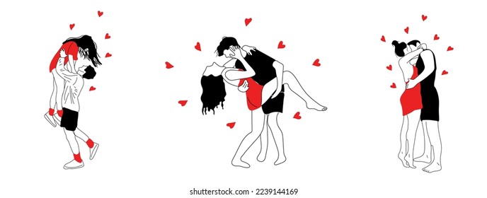 Set of three Love tenderness and romantic feelings concept. Young loving smiling couple boy and girl standing hugging each other feeling in love illustration