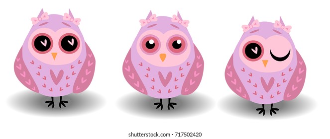A set of three lovely owls-girls in pink tones in hearts, with bows on the ears and different eyes