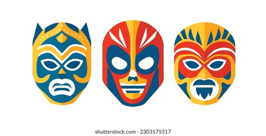 Set of three luchador. Lucha Libre, Mexican wrestling masks. Minimal flat vector icons.