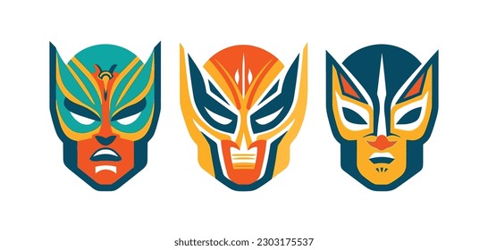 Set of three luchador. Lucha Libre, Mexican wrestling masks. Minimal flat vector icons.