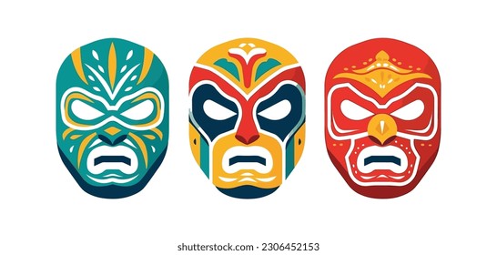 Set of three luchador. Lucha Libre, Mexican wrestling masks. Minimal flat vector icons.