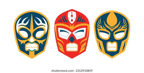 Conjunto de tres luchadores. Lucha Libre, mascarillas luchadoras mexicanas. Iconos vectoriales planos mínimos.
