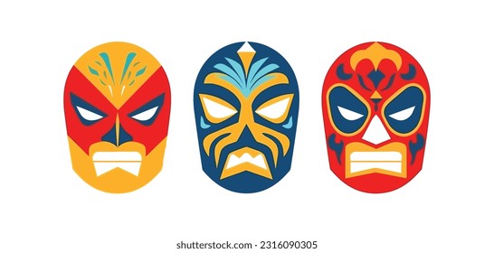 Conjunto de tres luchadores. Lucha Libre, mascarillas luchadoras mexicanas. Iconos vectoriales planos mínimos.