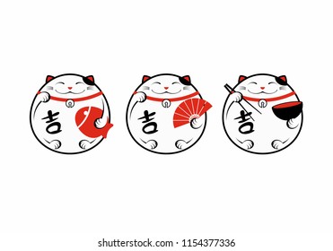 Set of Three lucky cats Maneki-Neko with a fan, fish and chopsticks svg