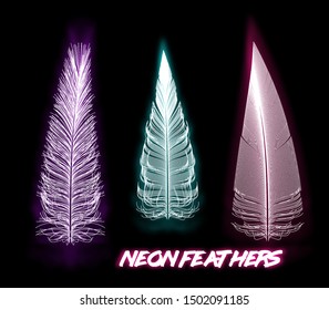Set of three luminous neon feathers on a black background.
Vector illustration in cyberpunk style.