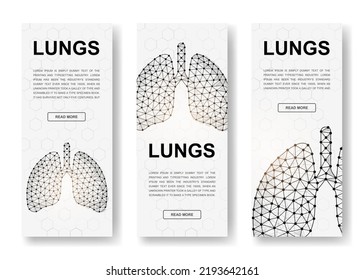 Juego de tres pancartas verticales poligonales Lungs. 3d Anatomía de órganos símbolos de polos bajos con puntos conectados. Ilustración vertical para diseño de página principal