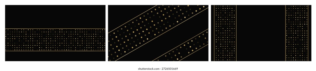 Conjunto de tres fondos oscuros de lujo con líneas doradas abstractas y puntos brillantes. Fondo de semitono dorado con destellos brillantes. Un diseño elegante para las Plantillas modernas. Ilustración vectorial