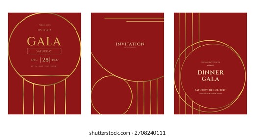 Set of three luxurious gala invitation designs featuring elegant gold geometric lines and circles on a rich red background. Perfect for upscale events and celebrations. Visible numbers: 25, 2027.