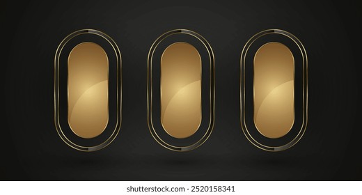 Conjunto de tres Botones de lujo de estilo Vector en premium. y VIP de lujo Botón Play. Clipart de Vector aislado sobre fondo blanco. Botones dorados y negros con marco dorado