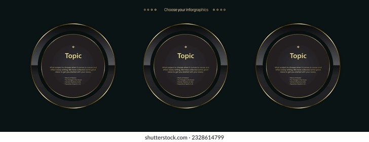 Conjunto de tres botones de círculo Infográfico de lujo Golden multipropósito diseño y plantilla con tres opciones y versión Premium oro elegante en un fondo oscuro