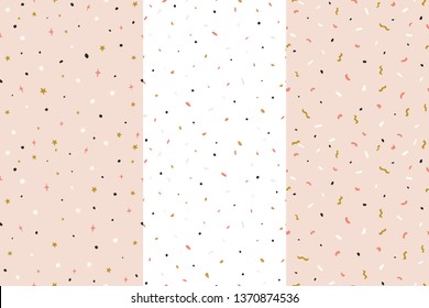 Set Of Three. Luxury Golden Rose Color Seamless Pattern. Confetti Background For Wrapping Paper, Fabric, Textile. Trendy Hand Drawn Backdrop In Rose, Gold, Black And White Colors.