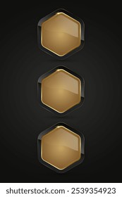 Conjunto de tres Formas hexagonales de lujo con Botón dorado y negro, tres Botones de Web premium Diseño gráfico de Ilustración vectorial