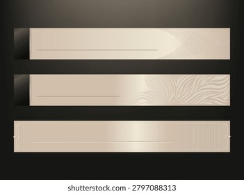 Set of three luxury horizontal banners lower third elegant beige, cream, and champagne metallic gradients on a dark background