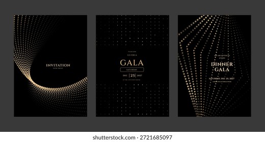 Conjunto de tres Plantillas de invitación de lujo para una gala o evento formal. Elegante diseño en negro y oro con motivos abstractos ondulados de puntos y semitonos. Formato de Vector.