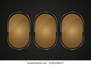 Set of three Luxury rectangles Black and gold buttons with an oval-shaped design with 3 golden, metallic sheen at the center. The central oval has a smooth gradient style