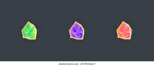 Set Of Three Magic Crystal Bright Casino Slot Game Icon In Gold Frame Gem Vector Design