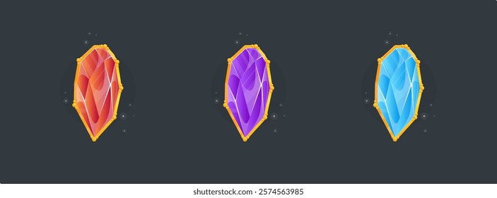 Set Of Three Magic Crystal Bright Red Purple Blue Gem For Slots Casino Game UI Reward Badge In Golden Frame Vector Design