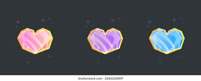 Conjunto De Tres Gemas De Corazón De Cristal Mágico En Color Azul Púrpura Naranja Rosa Para Juegos O Ranuras O Diseño De Vector De Casino