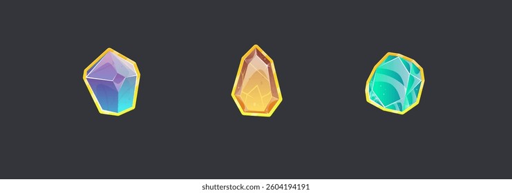 Set Of Three Magic Gem Stones In Golden Frames Icons Item For Games Slots Casino Esoteric Symbol Isolated On Black Vector Design