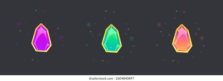 Set Of Three Magic Gem Stones In Purple Green Pink Colors Golden Frames Icons Item For Games Slots Casino Esoteric Symbol Isolated On Black Vector Design