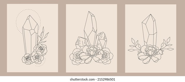 A set of three magical compositions. Crystals and flowers. Roses and peonies. Mystical elements in boho style. Mystical linear illustrations.