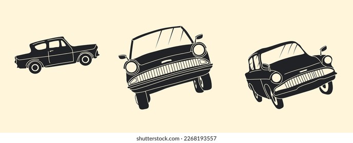 Set of three Magical flying car in monochrome style. Hand drawn vector illustration.