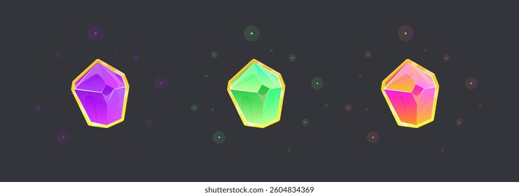 Set Of Three Magical Gem Stones In Different Colors  Golden Frames Icons Item For Games Slots Casino Esoteric Symbol Isolated On Black Vector Design