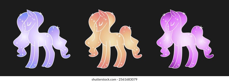 Set of three magical ponies. Beautiful pony illustration. Vector illustration.