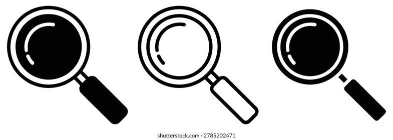 A set of three magnifying glass icons in black and white, perfect for illustrating search, investigation, and research themes in various design projects.